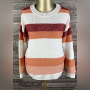 ROXY Round Neck Wool Knit Orange & White Striped Pullover Sweater Women's Size M